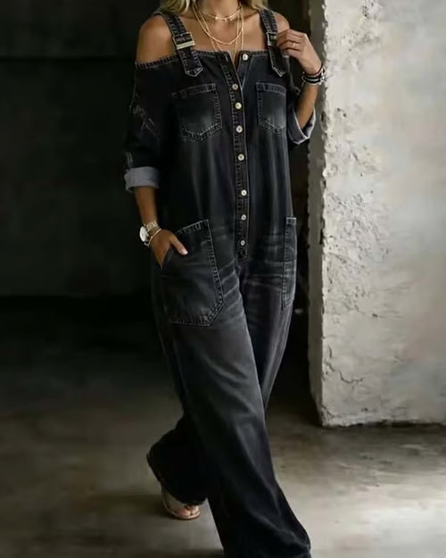 🍃Spaghetti Strap Cold Shoulder Wide-Leg Denim Jumpsuit
