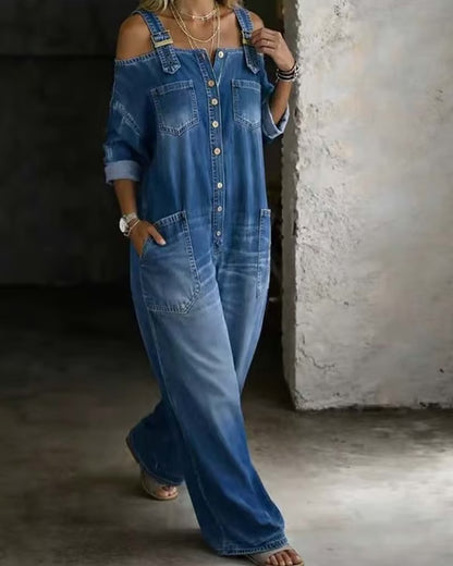 🍃Spaghetti Strap Cold Shoulder Wide-Leg Denim Jumpsuit