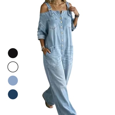 Spaghetti Strap Cold Shoulder Wide-Leg Denim Jumpsuit